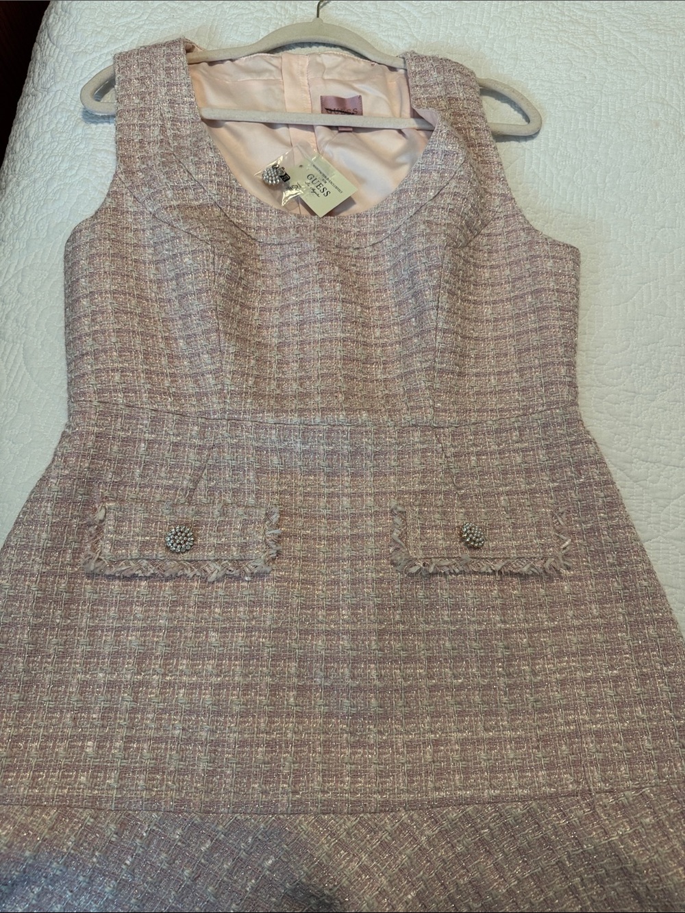 GUESS Girls' Pink Tweed Sleeveless A-Line Dress with Jeweled Buttons